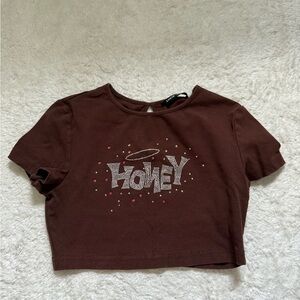 SHEIN Chocolate Brown Crop Top with Rhinestone Accents